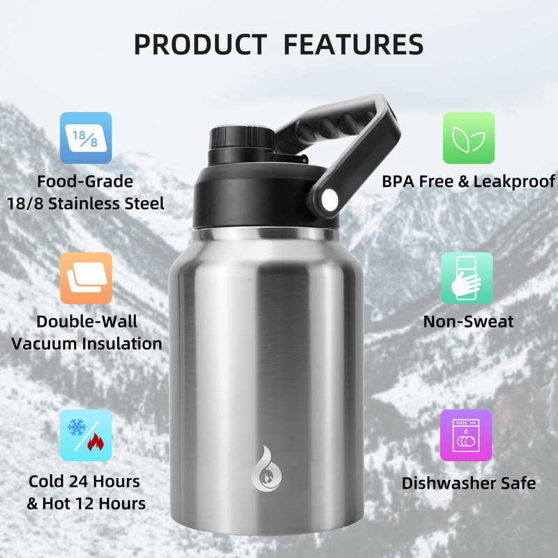 BJPKPK 64 oz Insulated Water Bottle, Dishwasher Safe Half Gallon