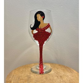 Diva Wine Glass, Long Hair, Large 20oz Decorated Wine Glass, Black, Brown, Woman Drinking Glass, Gift Favours, Gift Favors, Grant Favors, Unique Birthday Gift, Brown Girl on Wine Glass (Red)