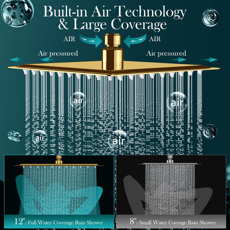 12'' Gold Rain Shower Head, High Pressure Rainfall Shower Head