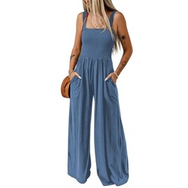 Dokotoo Womens Casual Loose Overalls One Piece Sleeveless Jumpsuits for Women Stretchy Wide Leg Long Pant Rompers Jumpsuit with Pockets Small Blue