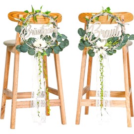 Pack of 2 Chair Signs Bride & Groom Wedding Chair Banner Sign Wooden Wedding Chair with Ivy Leaves Decoration Wedding Engagement Party Bride and Groom Wedding Chair Decorative Sign (Wood Colour)