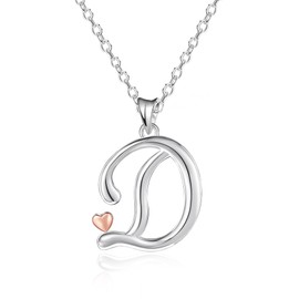 Mesovor 925 Sterling Silver Necklaces for Women, Dainty Initial Name Necklace with Rose Gold Heart, Jewellery Gifts for Family Mother Sister Daughter Wife (Letter-D)