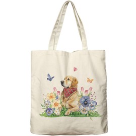 Dlzdn Spring Dog Tote Bag For Women Aesthetic Golden Retriever Floral Tote Bag Shopping Grocery Bag Beach Bag Gifts for Women Teacher Bag Reusable Grocery Bag