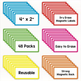 IMAGAME 48 Pack Magnetic Dry Erase Labels - Magnetic Blank Cards with Color Borders, Reusable Magnetic Name Tags - Dry Erase Labels for Home, Office, Classroom - 2 x 4 Inches
