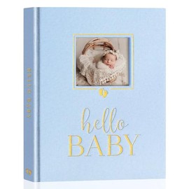 Lanpn Hello Baby Memory Book, Newborn First 5 Year Keepsake with DIY Window, Linen Baby Book Memories Journal Scrapbook Photo Book, Baby Milestone Album for Boy Girl New Parents (Blue, 154 Pages)