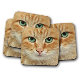 4 Set - Ginger Cat Face Coaster - Kitten Cats Green Eyes Cute Pretty #15007