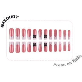 IMSOHOT Press on Nails Long Square Fake Nails White French Tip Glue on Nails with Black Bow Designs Glossy Acrylic False Nails Full Cover Stick on Nails for Women Girls Manicure Decoration