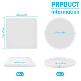 10 Pcs Round & Square Resin Coaster Mould, Non-Toxic Resin Moulds for Cup Mats, Bowl Stands, Coaster Moulds for Epoxy Resin Crafters & DIY Art Projects