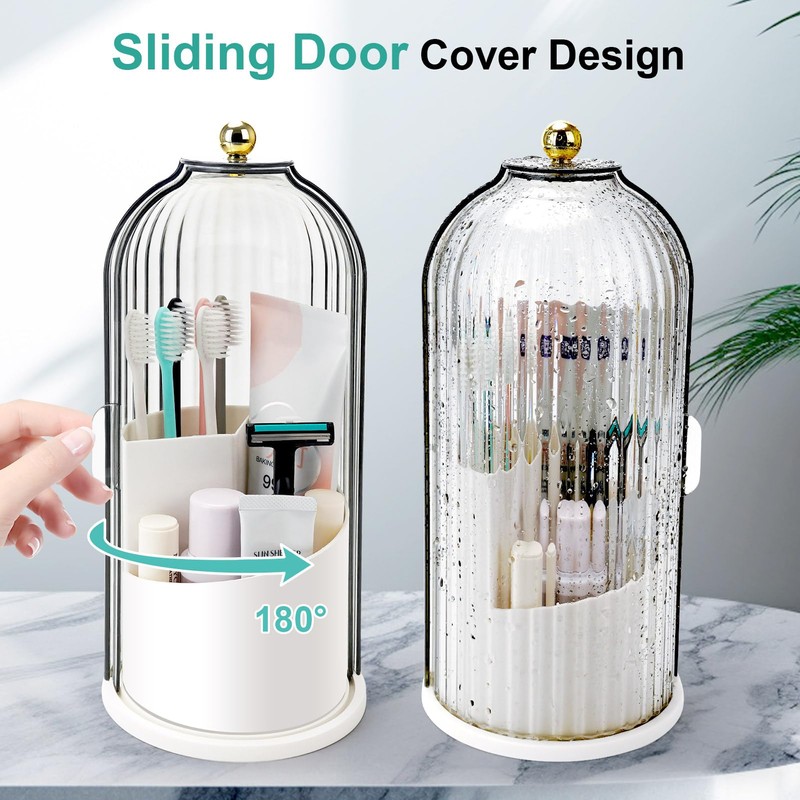 QIYVLOS Toothbrush Holders with Sliding Lid, Rotating 3 Slots Bathroom