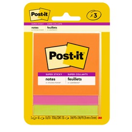 Post-it Super Sticky Notes, 3x3 in, 3 Pads, 2x the Sticking Power, Bright Colors (Orange, Pink, Green), Recyclable (3321-SSAU)