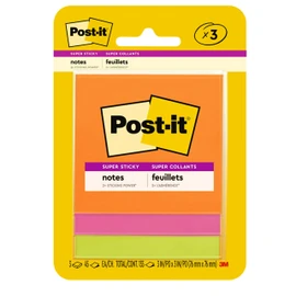 Post-it Super Sticky Notes, 3x3 in, 3 Pads, 2x the Sticking Power, Bright Colors (Orange, Pink, Green), Recyclable (3321-SSAU)