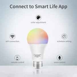 Smart LED Bulb WiFi Multicolor Light Bulb Compatible with Alexa, Echo, Google Home No Hub Required, E26 A19 60W Equivalent RGBW Color Changing, 9.5W White 2700K-5500K Dimmable UL Listed, 2pack