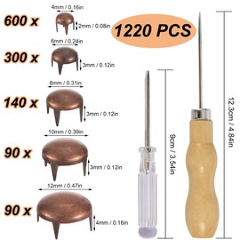 YORANYO 1220 Pcs Assorted Sizes Studs for Clothing Leather Rivets Round Dome Studs and Spikes Prong Studs Kit for Leather Craft Clothing Belts Bags Shoes Bracelets Dog Collar Accessories (Copper)