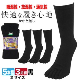 PAX Select Silk is the Best! Gentleman Silk Blend (Back, 100% Silk), For Business, Ceremonial Occasions, Almighty Black, Five Toe Socks, No Shakato, 3 Pairs, Black