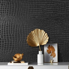 Arthome 17"×120" Black Crocodile Peel and Stick Wallpaper, Charcoal Black Alligator Textured Contact Self-Adhesive Waterproof Embossed Easy Peel Off Wallpaper for Cabinet Bedroom Bathroom