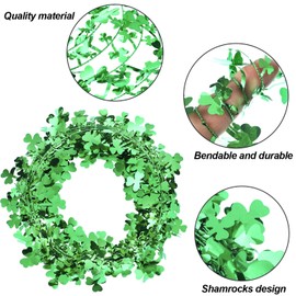 Shamrocks Wire Garland St. Patrick's Day Garland Green Irish Saint Patty Party Decorations (32.8 ft/ 10 Meters)