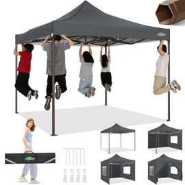 COBIZI 10x10 Pop Up Heavy Duty Canopy with 4 Sidewalls and Hexagonal Legs, Easy up Tent for Events, Parties, Camping, Outdoor Canopy with Portable Bag, Waterproof & UPF50+ (Gray)
