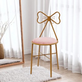 Makeup Dressing Chair, Pink Bow Backrest Princess Chair Accent Modern Velvet Butterfly Accent Chair Computer Chairs with Golden Leg for Living Room Bedroom Vanity Office Reading Nook (Light Pink)