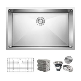 Kitchen Sink 30x18 Inch Undermount Sink Stainless Steel 16 Gauge Single Bowl Kitchen Sinks Set (5 Item Bundle: Sink, Bottom Grid, Drain Assembly, Drain Cap, Towel)