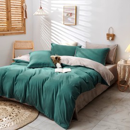 Damier Dark Green Bed Linen 135 x 200 cm Green Beige Reversible Bed Linen Set 2-Piece Super Soft Microfibre Duvet Cover with Concealed Zip and Pillowcase 80 x 80 cm