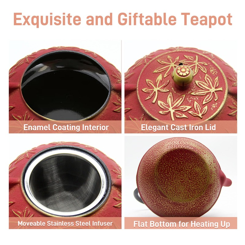 SECHUDO Cast Iron Teapot Tea Kettle with Stainless Steel Infuser