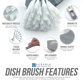 Pack of 7 Plastic Dish Brush Set with Firm Bristles − Dish Scrubber and Washing up Brushes for Kitchen, Sink, and Countertops (7-Pack Round Dish Brushes)