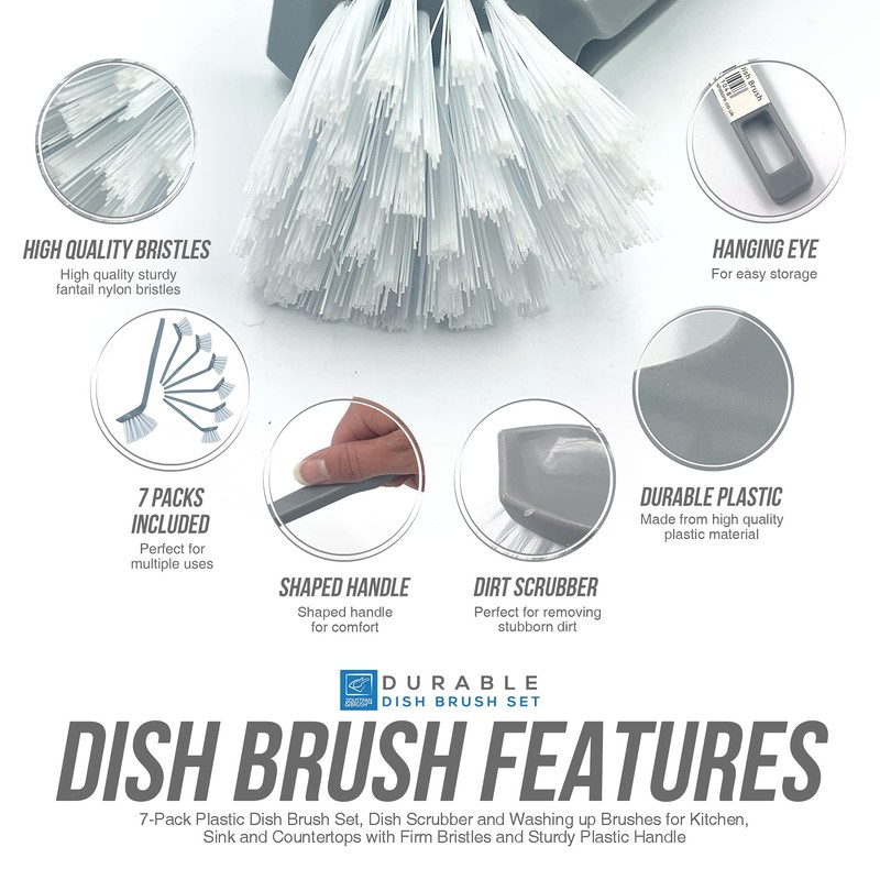Pack of 7 Plastic Dish Brush Set with Firm Bristles