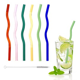 6Pcs Wavy Glass Straws Shatter Resistant, Reusable Cute Glass Straws, Colored Glass Straws with 1 Cleaner Brush for Beverages Coffee Juice Cocktail Teas