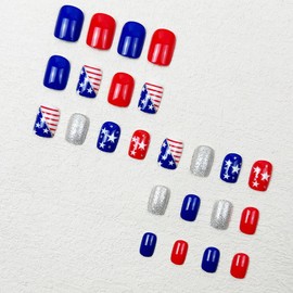 Independence Day Press on Nails Short Square Fake Nails with USA Flag Designs 4th of July False Nails Stars Patriotic Acrylic Nails Extra Short Glue on Nails Blue Red Stick on Nails for Women 24Pcs