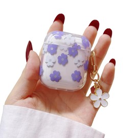 Faneiy for AirPods 2nd/1st Gen Case with Keychain,Cute Clear Purple Flower Floral Protective Earphone Cover Case,Soft Transparent TPU for AirPods 2 1 Case Women Girl