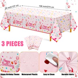 Oudain 3 Pcs Birthday Tablecloths Colorful Balloons Confetti Table Cover Disposable Tablecloth Waterproof Plastic Table Cover for Birthday Party Decoration Supplies(Pink)