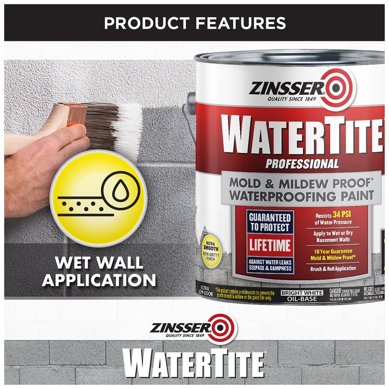 Zinsser 5001 WaterTite Professional Waterproofing Paint, Gallon, White