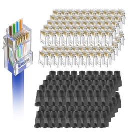 VCE 100-Pack Cat6 RJ45 Pass Through Connectors with Strain Relief Boots (Black), UL Listed Cat 6/Cat 5e Unshielded RJ45 Ends Gold Plated for Solid or Stranded UTP Network Cable Support PoE