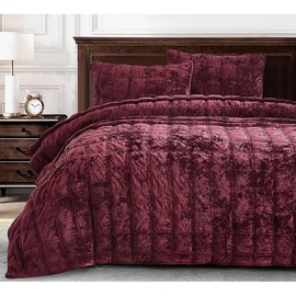 3 Piece Plush Silky Soft Smooth Hand-Feel Velvet Quilt Oversized King Size Double Box Stitch Pattern | Reversible All Seasons Burgundy Red Color Aesthetic Bedding Lightweight Bedspread Coverlet Set