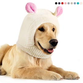 Quiet Ears for Pets, Knitted Dog Hats with Noise Protection - Winter Hat & Snood Head Wrap for Medium to Large Dogs & Cats (Milk White)