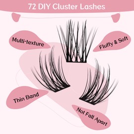 Lash Clusters, 72 Pcs Individual Cluster Lashes DIY Lash Extension 10-16mm Eyelash Clusters Volume Wispy Lashes Super Thin Band Reusable Soft & Comfortable(Glowing,D-16mm)