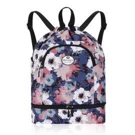 HUA ANGEL Lightweight Drawstring Backpack with Shoe Compartment, Waterproof for Sports Gym Travel Swimming Basketball Soccer, Retro Flower, Sporty