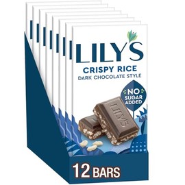 LILY'S Crispy Rice Dark Chocolate Style No Sugar Added, Sweets Bars, 3 oz (12 Count)