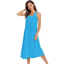 IZZY + TOBY 100% Cotton Nightgowns for Women Soft Ladies Gowns Sleepwear Long Sleeveless Nightgown Lake Blue M
