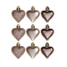 Toyland Pack Of 9-5cm Rose Gold Heart Baubles - Shiny Matte & Glitter Design - Christmas Tree Trims