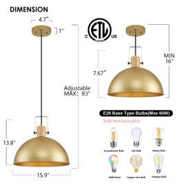 ALAISLYC 16 Inch Gold Pendant Lights Hammered Matte Pendant Lights for Kitchen Island Industrial Farmhouse Adjustable Height Dome Hanging Light Fixtures for Barn, Dining Room 1 Pack