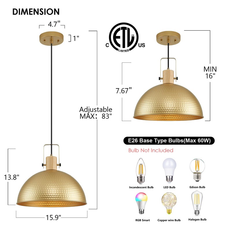 ALAISLYC 16 Inch Gold Pendant Lights Hammered Matte Pendant Lights