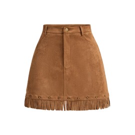 GORGLITTER Women's Faux Suede Fringed Short Skirt High Waisted A Line Flared Party Skirts Brown Small