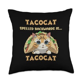 I love taco and cat Funny Mexico Food Designs Spelled Backwards is Tacocat Funny Palindrome Kids Throw Pillow, 18x18, Multicolor