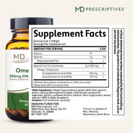 MD Prescriptives Omega MD Supplement - 500 EPA & 250 DHA Omega 3 Fish Oil - Supports Brain Health & Joints* - No Fishy Smell - 60 Softgels