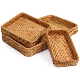VILSSOVY 3 Packs Rectangular Rattan Tray, Woven Rattan Serving Tray, Decorative Woven Tray Rectangle, Wicker Tray Set for Table Kitchen Decoration and Organizing