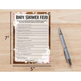 Baby Shower Game Cards, Baby Shower Feud Game, Rustic Wood Pink Floral Party Cards For Gender Neutral Boys or Girls, Set of 30 Cards(Brown004)