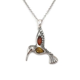 Kiara Jewellery 925 Sterling Silver Hummingbird Pendant Necklace Inset With Brown & Yellow Baltic Amber on 18" Sterling Silver Chain.