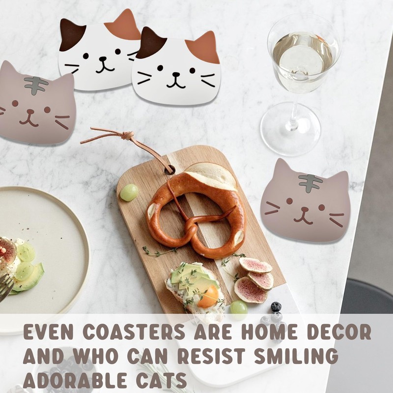 Cat Coasters Set of 4, Non-Slip PVC Cup Mats for