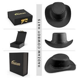 HADZAM Showerproof Outback hat Also Worn as Leather Cowboy hat, Australian Hats for Men & Women (US, Alpha, Large, Black (Gift Box Packed))